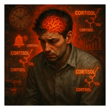 semi-realistic, moody lighting; man in his 30s, signs of chronic stress (tired eyes, tense, hunched), glowing 'Cortisol' symbols, reddish-orange aura; chaotic background (clocks, notifications, traffic, charts); brain visible with red-orange neural activity; symbolic surrealism, detailed expression sticker