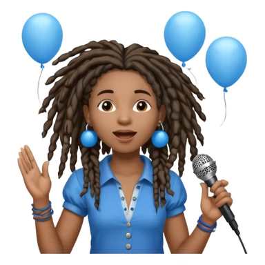 Black girl Stud with dreadlocks singing 1,2,3 release em with white and blue balloons flying overhead emoji like with mic in hand  sticker