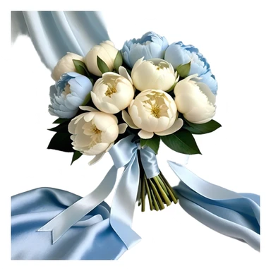 A lush bouquet of full-bloom white and pale blue peonies rests gently atop a flowing powder blue silk cloth. The petals, kissed with a subtle pearl sheen, seem to glow under the soft morning light. A delicate ivory ribbon, loosely tied in an effortless bow, drapes over the bouquet, its edges curling with natural grace. The silk background shimmers with movement, enhancing the dreamy elegance of the composition.
 sticker