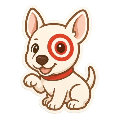 cute cartoon of Target store bullseye dog, playful pose, big eyes, red collar, white fur, red bullseye on left eye, chibi stickers style sticker