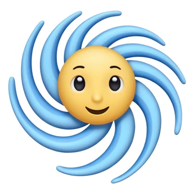 whimsical cyclone emoji character, swirling blue shape with oversized white and black eyes at top, thin black limbs arms and legs coming out from swirl, cartoon mascot style, clean emoji illustration, simple shading sticker