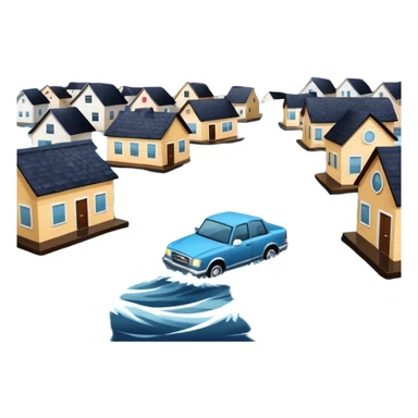 showing a flood disaster scene with strong water waves overflowing streets, partially submerged houses and cars, dark cloudy sky sticker