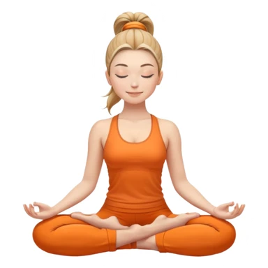 white woman with ponytail hairstyle in lotus position meditation yoga pose, closed eyes with a gentle smile, wearing orange yoga outfit sticker