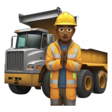 construction worker with hands in prayer standing directly in front of a DUMP TRUCK sticker