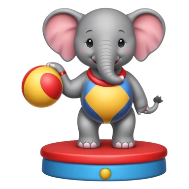 Create a cute emoji of a smiling cartoon elephant balancing a red patterned ball on its trunk while standing on a colorful circus platform. Use a simple, rounded emoji style with clean lines and bright colors. sticker