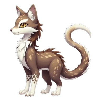 Kawaii dark edgy brown beige white fantasy ethereal feline-vernid-sergal-rocruff-fursona animal creature with a tufted tail full body with intricate markings  sticker