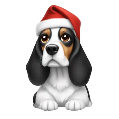 A black and white cocker beagle dog with a Christmas hat sticker