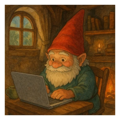 a gnome at a laptop, with a cozy, fantasy-inspired setting sticker