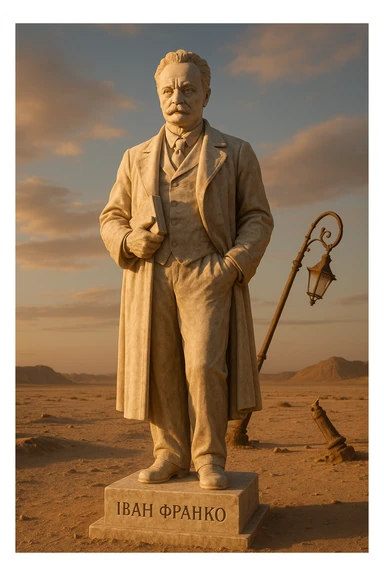 Ultra-realistic marble sculpture based on a reference image, full-length, in a desert setting with a broken lamppost. Pedestal carved with 'Іван Франко'. Sunset lighting, low-angle view. sticker
