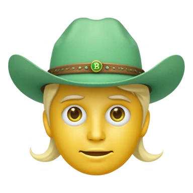 unisex yellow face emoji, minty green cowboy hat with '100x', Bitcoin logos for eyes, emoji style sticker