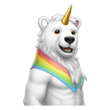 a white bear with half horse half human body wearing a rainbow unicorn horn sticker