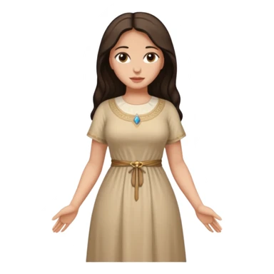 fullbody Mary Magdalene, fit and buxom body, very pretty detailed face, normal height, simple light tan dress, arms down with hands by hips, dark hair sticker
