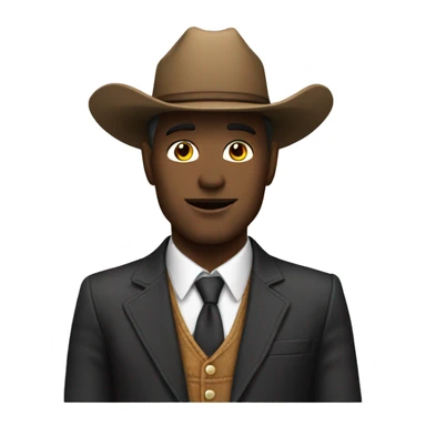 White man in a suit with a cowboy hat sticker