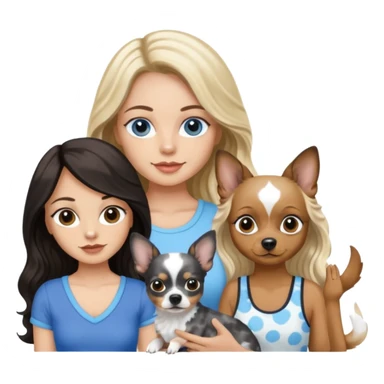 Three women in summer clothes with iPhones, hazel eyed light skin with dark blonde long hair holding black and tan chihuahua and Brown eyed,light skin,black long wavy hair and blue eyed light skin long blonde hair with blue spotted Merle Frenchie sticker