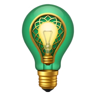 3D emoji, light bulb with Moroccan arabesque pattern inside, golden frame, glowing light, emerald green and gold colors, minimalist, white background. sticker