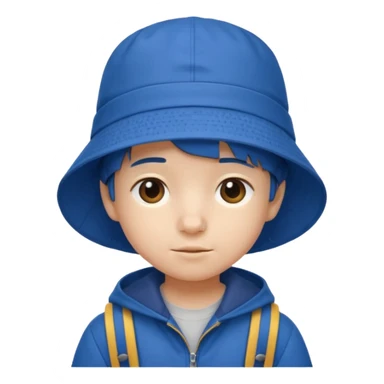 Little student wears blue bucket hat and jacket, backpack, shy sticker
