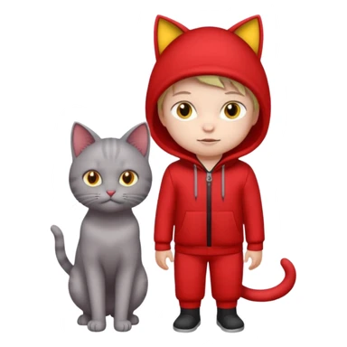 There is a kid wearing all red. Next to him there is a gray cat that has a red cat outfit and the cat has yellow eyes sticker