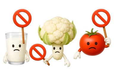 emoji stile iphone di un BICCHIERE DI LATTE CAVOLFIORE E POMODORO CHE FLUTTUANO IN ARIA CON DIVIETI IN MANO, iperrealistico 4k, isolato su sfondo bianco sticker