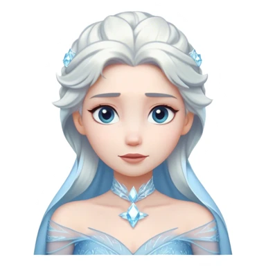 Cinematic Timeless Snow Queen Portrait Emoji, rendered in a clean, vector style. Depict Elsa with icy pale skin, intricately styled platinum hair, and a serene, regal expression, dressed in a minimalist ice-blue gown. The design features bold, simplified shapes, a soft, drowsy crystalline glow, and a subtle glowing outline, capturing the essence of timeless, majestic winter beauty. sticker