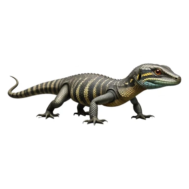 cinematic-monitor-lizard-realistic-full-body-standing on all fours-emoji,-long-powerful-tail-dragging-slightly-behind,-sleek-scaled-body-textured-with-rich-patterns and stripes,-head-tilted-dramatically,-dark-intense-eyes-observing-its-surroundings,-simplified-yet-realistic-focused-features,-highly-detailed,-glowing-with-an-almost-sarcastic-glow sticker