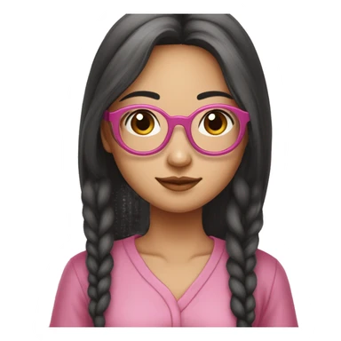 an oriental girl, with two dimples in left cheek, wear a round glasses (but not too round), aged 24, likes to wear pink, holding a macbook, hair is long and straight, she has a fair skin sticker