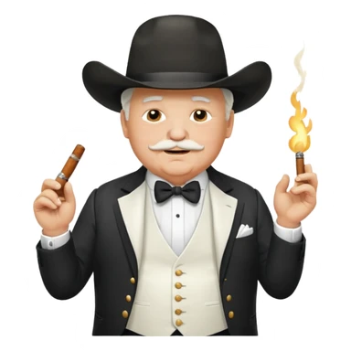 Create an emoji of an older, chubby man wearing an elegant all‑white suit with white waistcoat, white bow tie, and a large white cowboy hat. He is smirking confidently and holding a lit cigar in one hand in front of his chest. The character should look like a greedy, arrogant rich politician. sticker