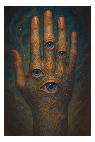 a fantasy illustration style hand with realistic eyes on the knuckles, detailed and magical sticker