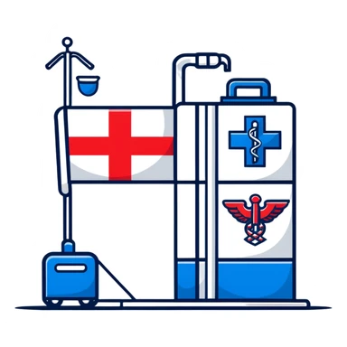 Modern hospital with Thai flag prominently displayed, medical symbol, flag with red white blue stripes sticker