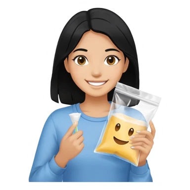 Black hair Girl smiling holding a clear ziploc bag with white powder sticker