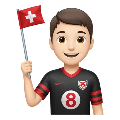 A boy in a jersey, excitedly lifting a small handheld flag. sticker