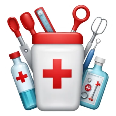 An icon featuring The Hygeia Vessel, a red cross, symbolizing medicine. The design includes medical tools and symbols, representing healthcare, diagnosis, and healing practices. Transparent background highlights the profession and study of medicine. sticker