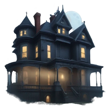 Fantastic Wide full view, A very roomy ramshackle Victorian Addams’s mansion looms through light fog at midnight  sticker