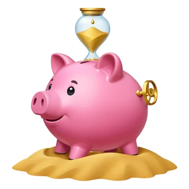 A minimalist emoji-style icon: A stylized piggy bank with a coin dropping into it, next to an hourglass. The hourglass symbolizes time and long-term savings for retirement. Simple shapes, flat bright colors, emoji-like design. sticker