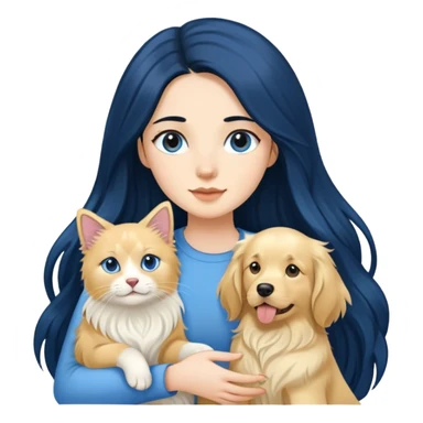 Woman with long black hair holding a blue and white long-haired cat and a golden retriever dog sticker