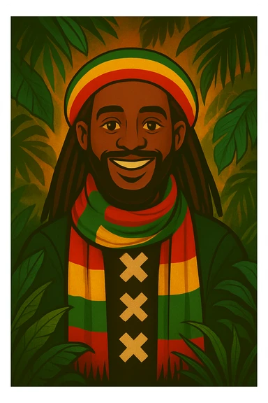“Create a powerful illustrated portrait of a smiling man with long dreadlocks, wearing a colorful red, gold, and green knitted tam. The background has jungle leaves and warm lighting. Style: vibrant digital art, modern, bold lines, reggae vibe. With a Amsterdam colour scarf around his neck I gave a idea sticker