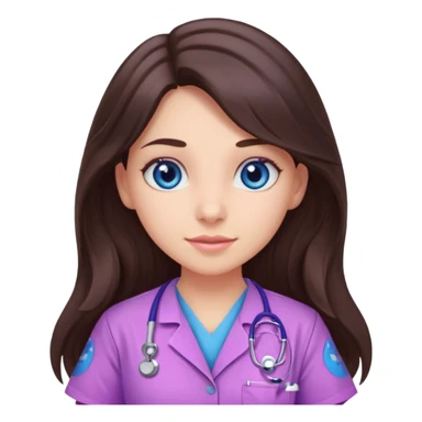 pretty brunette nurse with long hair and blue eyes in pink and purple dinosaur pattern scrubs sticker