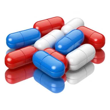 A close-up of mixed pills and capsules, red, white, and blue colors, clean background, light reflections on surface, realistic Memoji-style. sticker