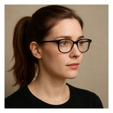 a woman with chestnut hair tied in a ponytail and black frame glasses sticker