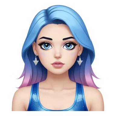 Sultry-very-beautiful-face-light-pink-lips-long-straight-dark-blue-ombre-hair-and-blue-eyes-thick-black-eyeliner-really-thick-long-eye-lashes-sky-blue-superman-tank-top-with-glitter-and-silver-hoop-earrings sticker