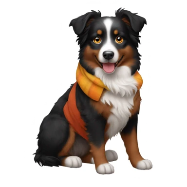 Small black australian shepherd dog wearing autumn sticker