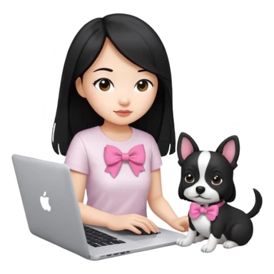 Asian girl long black hair, wearing a white t-shirt, working on an Apple laptop, next to her is a small black and white dog in pink bow sticker