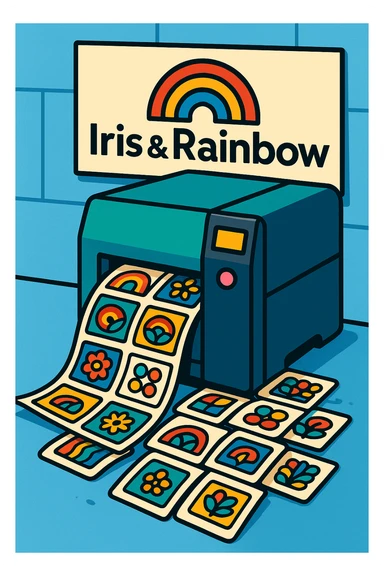 A printer rapidly printing many labels, with the words 'Iris & Rainbow' as a large logo in the background, colorful and modern style, vibrant, clear, playful, bright, clean, professional sticker