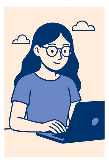 a girl with long hair, wearing glasses, focused on work, clean modern illustration style sticker