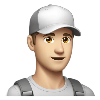 Pale skinned fit Man with dark brown hair in a white cap, gray jeans and gray polo T-shirt keeping a pasted with tape white box into his hands sticker