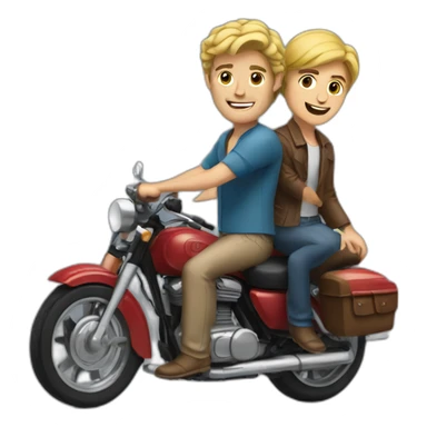 blonde man with brown haired man behind on motorbike sticker