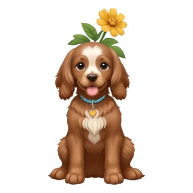 Full body shot of a brown cocker spaniel sitting happily with a flower on his head sticker