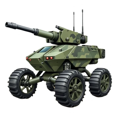 a roomy 4-wheel armored personnel stealth camouflage army massive mech trail vehicle shooting forward side-hill leaning actively articulating independent suspended pod gimbal enemy mech off-road racing rover with large fast engine RC basher  sticker