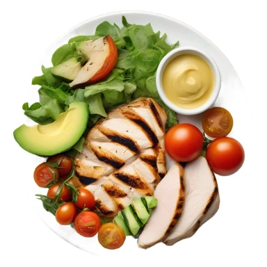 Look up on a large white round plate of healthy food sticker