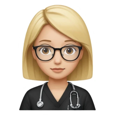 A girl in black scrubs with a blonde bob and glasses no stethoscope  sticker