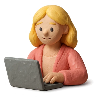 blonde woman in a pink cardigan working on a laptop sticker